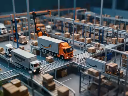 Ein Miniatur-Diorama eines Amazon-Fulfillment-Centers mit Lastwagen und Förderbändern, das Logistik und Effizienz darstellt. - Foto: über boerse-global.de