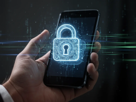 Nahaufnahme einer Hand, die ein Android-Smartphone hält, mit einem leuchtenden digitalen Schloss-Symbol auf dem Bildschirm, das Cybersicherheit darstellt. - Foto: über boerse-global.de