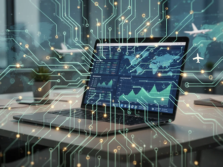 Eine futuristische Darstellung digitaler Vernetzung und Datenflüsse über einem Bürotisch, symbolisierend die Automatisierung des Geschäftsreisemanagements. - Foto: über boerse-global.de