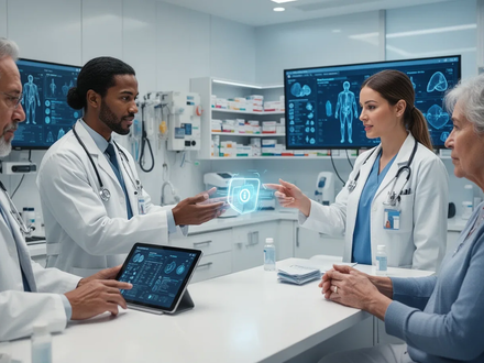 Eine Gruppe von Menschen, darunter ein Arzt, eine Apothekerin und eine Patientin, die digitale Gesundheitstools nutzen. - Foto: über boerse-global.de