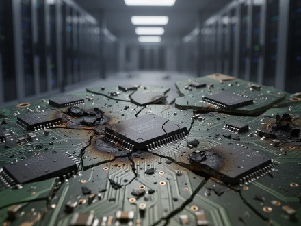 Eine Nahaufnahme einer zerbrochenen Leiterplatte mit Brandspuren, die einen starken Kurssturz im Technologiesektor symbolisiert. - Foto: über boerse-global.de