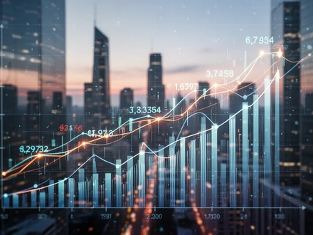 Eine stilisierte digitale Anzeige von Finanzdaten und Wachstumsgrafiken über einer verschwommenen Stadtlandschaft bei Dämmerung. - Foto: über boerse-global.de