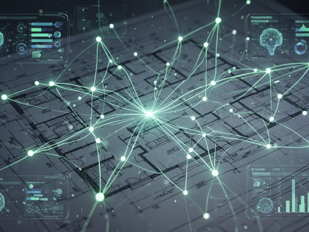 Ein abstraktes Netzwerk aus leuchtenden Linien und Knoten, das Datenfluss und Projektplanung darstellt, über einer technischen Zeichnung. - Foto: über boerse-global.de