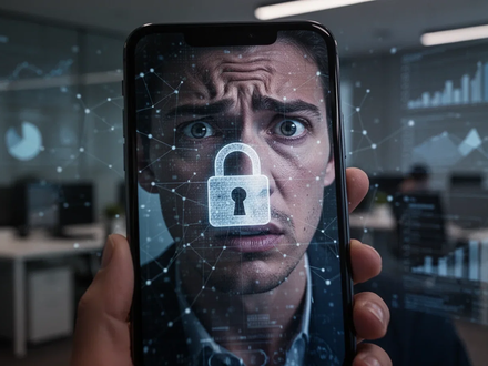 A smartphone screen showing a secure digital interface, reflecting a worried face, symbolizing online banking fraud and account takeovers. - Foto: über boerse-global.de