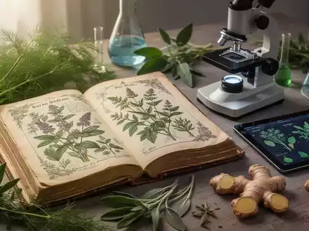 Ein altes Kräuterbuch liegt offen mit Pflanzenillustrationen, daneben moderne wissenschaftliche Instrumente und Heilkräuter. - Foto: über boerse-global.de