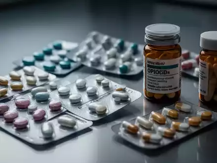 Nahaufnahme von Blisterpackungen und Pillenflaschen, die Opioide enthalten, auf einer sterilen, reflektierenden Oberfläche in einer medizinischen Umgebung. - Foto: über boerse-global.de