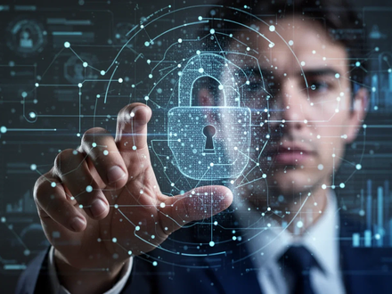 Eine Nahaufnahme einer menschlichen Hand, die mit einer holografischen Oberfläche interagiert, die abstrakte Daten und ein unscharfes menschliches Gesicht zeigt. - Foto: über boerse-global.de