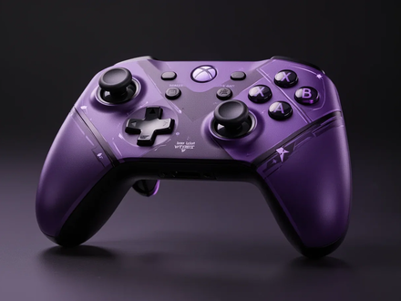 A specialized purple and black arcade controller, designed in collaboration with VTuber Tokoyami Towa, in a professional studio setting. - Foto: über boerse-global.de