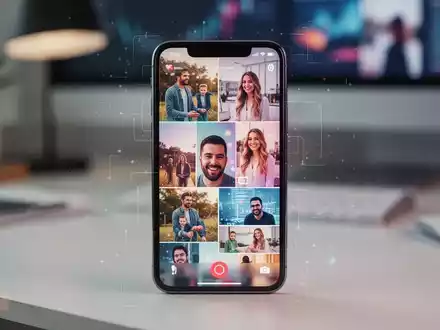 Ein Smartphone-Bildschirm zeigt eine bunte Collage aus Fotos und Videos mit digitalen Filtern, im Hintergrund ein Schreibtisch. - Foto: über boerse-global.de
