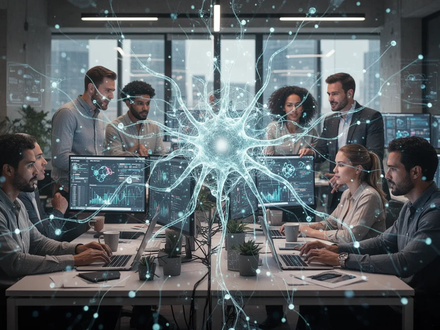 A stylized neural network overlaid on a diverse team collaborating in a modern office, symbolizing human-AI teamwork and productivity. - Foto: über boerse-global.de