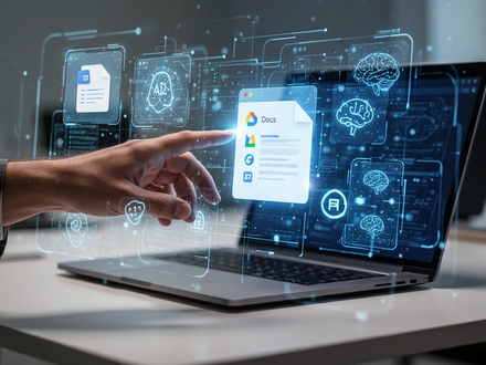 A hand interacts with a holographic interface showing Google Docs on a modern desk, symbolizing AI integration in writing. - Foto: über boerse-global.de