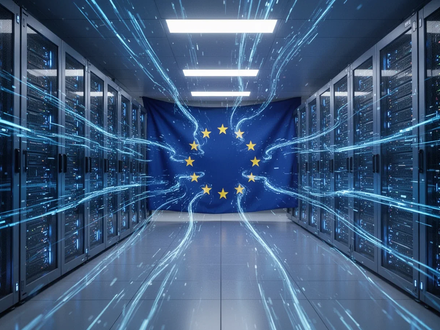 A secure, futuristic server room with blue light and data streams, symbolizing EU digital sovereignty and technological independence. - Foto: über boerse-global.de