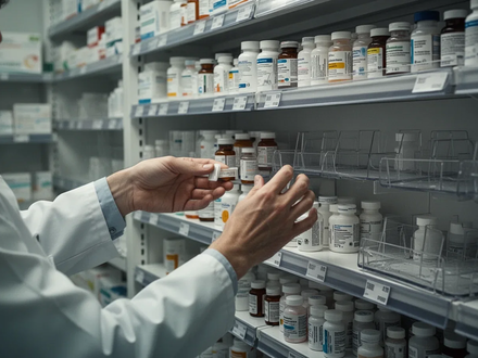 Hände eines Apothekers ordnen Medikamentenflaschen in einem Regal, einige Regale sind spärlich oder leer. - Foto: über boerse-global.de