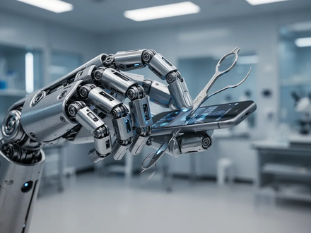 Close-up of a sophisticated humanoid robot hand with metallic fingers precisely grasping a small object in a lab setting. - Foto: über boerse-global.de