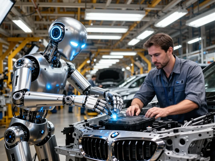 A humanoid robot with glowing eyes on a BMW assembly line, working alongside a human engineer to assemble a car. - Foto: über boerse-global.de