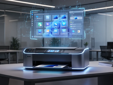 A sleek, futuristic printer with a holographic projection of the Windows 11 interface above it, set in a modern office. - Foto: über boerse-global.de