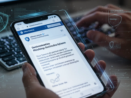 Ein Smartphone-Bildschirm zeigt eine Phishing-E-Mail mit Warnhinweisen, im Hintergrund eine Tastatur und Hände, die tippen. - Foto: über boerse-global.de