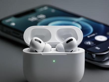 Close-up of white Apple AirPods Pro earbuds in their charging case, with a blurred iPhone camera screen in the background. - Foto: über boerse-global.de