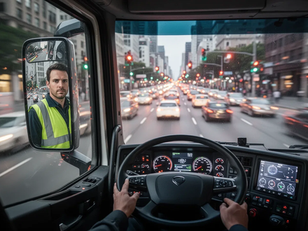 Ein LKW-Fahrer konzentriert sich auf die Straße, sichtbar durch den Seitenspiegel des Lastwagens, mit urbanem Hintergrund. - Foto: über boerse-global.de
