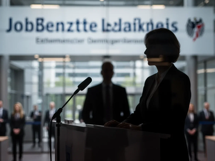 Eine Silhouette eines Redners vor einem verschwommenen Jobcenter-Hintergrund, die Debatte und Kritik am Bürgergeldsystem symbolisiert. - Foto: über boerse-global.de