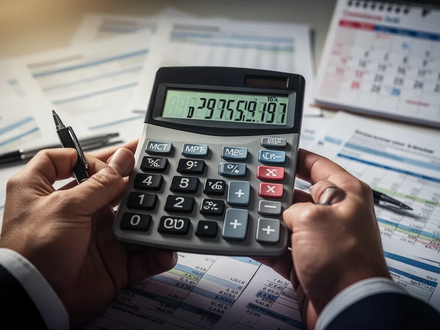 Nahaufnahme von Händen, die einen Taschenrechner und einen Stift halten, mit Finanzdokumenten im Hintergrund. Symbolisiert finanzielle Planung. - Foto: über boerse-global.de