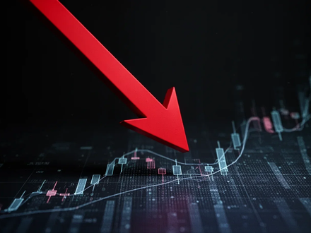 Ein starker roter Abwärtspfeil vor einem dunklen Hintergrund, der einen erheblichen Rückgang des Aktienkurses symbolisiert. - Foto: über boerse-global.de