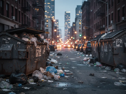 Überfüllte Müllcontainer und Abfall auf städtischen Straßen bei Dämmerung, mit verschwommenen Stadtlichtern im Hintergrund. - Foto: über boerse-global.de