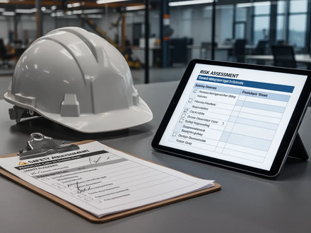 Ein gelber Schutzhelm, ein Klemmbrett mit Checkliste und ein Tablet mit einer Risikobewertung auf einem Tisch, der Arbeitssicherheit symbolisiert. - Foto: über boerse-global.de