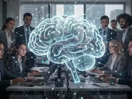 Eine futuristische Darstellung eines KI-Netzwerks, das sich über eine Gruppe von Fachleuten in einem modernen Büro legt, um Mitbestimmung und Datenschutz zu symbolisieren. - Foto: über boerse-global.de
