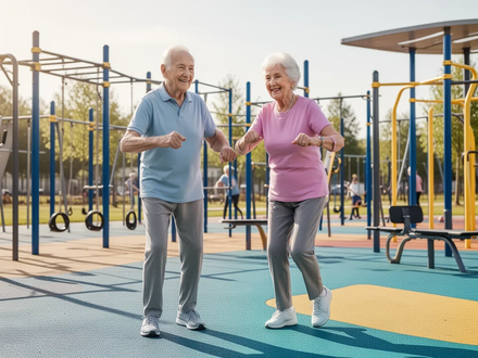 Ein älteres Paar trainiert in einem modernen Fitnesspark für Senioren, umgeben von grüner Natur. - Foto: über boerse-global.de