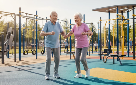 Ein älteres Paar trainiert in einem modernen Fitnesspark für Senioren, umgeben von grüner Natur. - Foto: über boerse-global.de