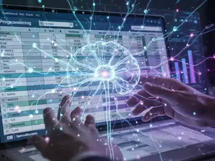 A futuristic neural network overlaying a spreadsheet interface, symbolizing the evolution from Excel to AI in programming. - Foto: über boerse-global.de