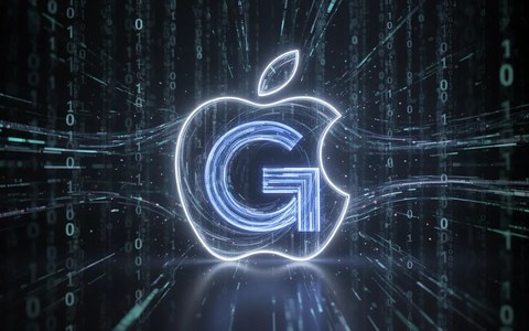 Ein stilisiertes, leuchtendes Apple-Logo, das mit einer abstrakten Darstellung des Google Gemini-Logos verschlungen ist, vor einem Hintergrund aus Binärcode. - Foto: über boerse-global.de