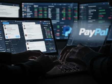 Hands typing on a laptop, surrounded by screens showing social media and financial data, hinting at undisclosed influencer payments. - Foto: über boerse-global.de