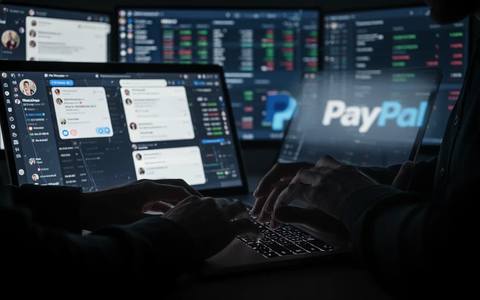 Hands typing on a laptop, surrounded by screens showing social media and financial data, hinting at undisclosed influencer payments. - Foto: über boerse-global.de
