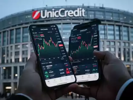 Eine Hand hält ein Smartphone mit einer Börsen-App, die einen leicht negativen Trend zeigt. Im Hintergrund verschwimmt die Unicredit-Zentrale. - Foto: über boerse-global.de