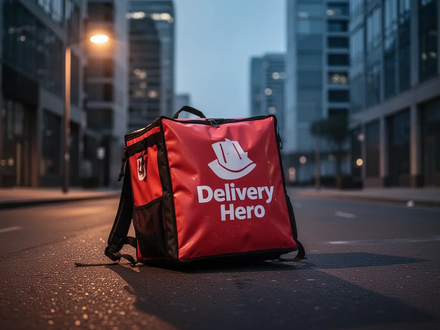 Ein leicht entleerter Lieferrucksack von Delivery Hero liegt auf einer verlassenen Stadtstraße bei Dämmerung, beleuchtet von einer Straßenlaterne. - Foto: über boerse-global.de
