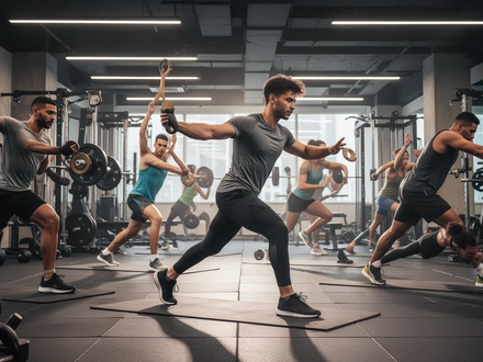 Eine Gruppe von Athleten führt in einem modernen Fitnessstudio verschiedene Übungen aus, die Kraft, Ausdauer und Beweglichkeit kombinieren. - Foto: über boerse-global.de
