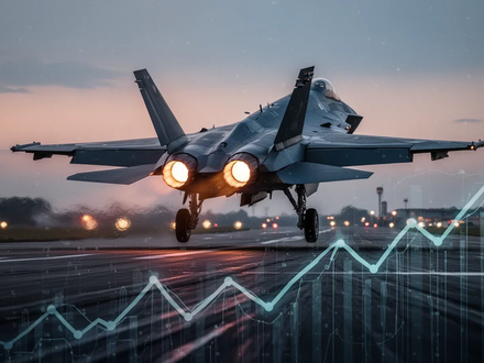 Ein Kampfjet startet bei Sonnenuntergang, mit einer dezenten Darstellung von finanziellem Wachstum im Vordergrund. - Foto: über boerse-global.de