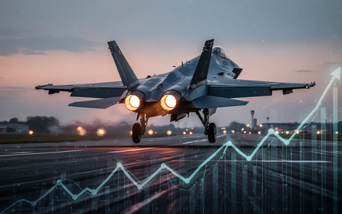Ein Kampfjet startet bei Sonnenuntergang, mit einer dezenten Darstellung von finanziellem Wachstum im Vordergrund. - Foto: über boerse-global.de