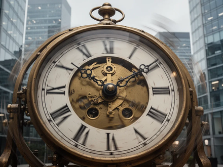 Eine Nahaufnahme einer mechanischen Uhr mit sich schnell bewegenden Zeigern vor dem Hintergrund moderner Bürogebäude. - Foto: über boerse-global.de
