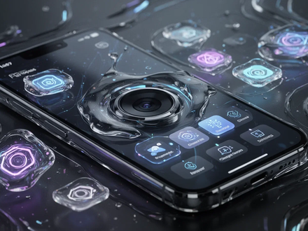 A futuristic smartphone screen showcasing a redesigned camera app with customizable widgets and glowing app icons, embodying a 'Liquid Glass' aesthetic. - Foto: über boerse-global.de