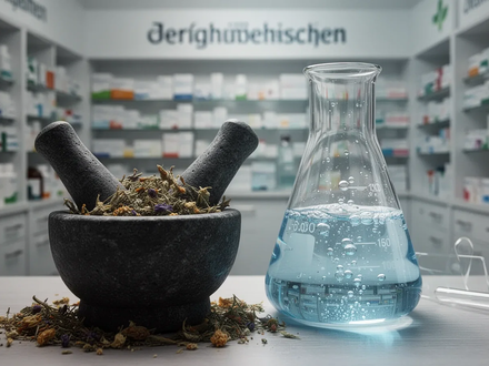 Mörser mit Kräutern neben einem Reagenzglas in einer Apotheke, symbolisiert die Integration von Naturheilkunde und moderner Medizin. - Foto: über boerse-global.de