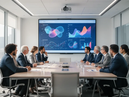 Eine Gruppe von Fachleuten in einem modernen Konferenzraum mit einem Bildschirm, der Datenvisualisierungen zeigt. - Foto: über boerse-global.de