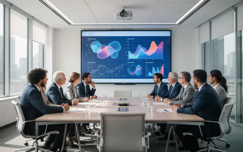 Eine Gruppe von Fachleuten in einem modernen Konferenzraum mit einem Bildschirm, der Datenvisualisierungen zeigt. - Foto: über boerse-global.de