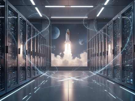 A futuristic data center interior with glowing server racks, subtly integrated with celestial elements, symbolizing the SpaceX-Google AI deal. - Foto: über boerse-global.de