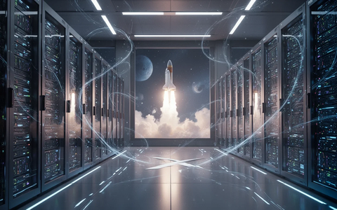 A futuristic data center interior with glowing server racks, subtly integrated with celestial elements, symbolizing the SpaceX-Google AI deal. - Foto: über boerse-global.de