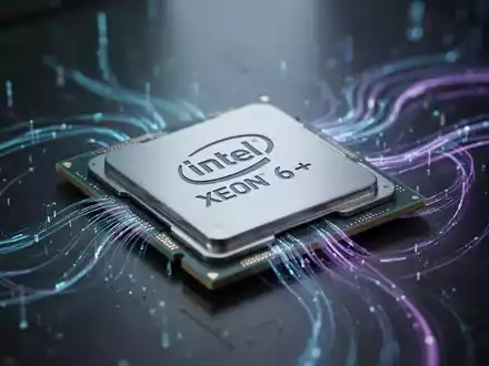 Close-up of an Intel Xeon 6+ processor chip with intricate circuitry, glowing with blue and purple light on a dark background. - Foto: über boerse-global.de
