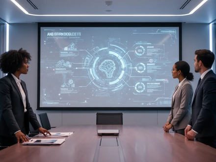 A modern conference room with a large screen displaying an AI-generated business infographic and two professionals watching. - Foto: über boerse-global.de