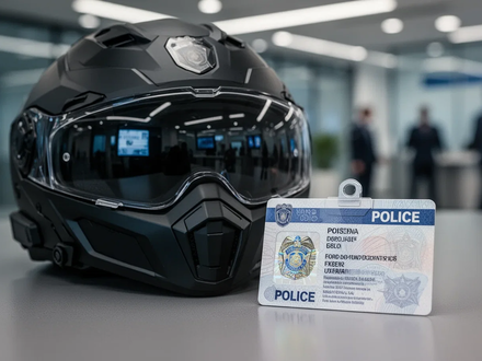 Ein moderner Schutzhelm und ein fälschungssicherer Polizeidienstausweis liegen nebeneinander, im Hintergrund ist ein öffentlicher Dienstbereich angedeutet. - Foto: über boerse-global.de